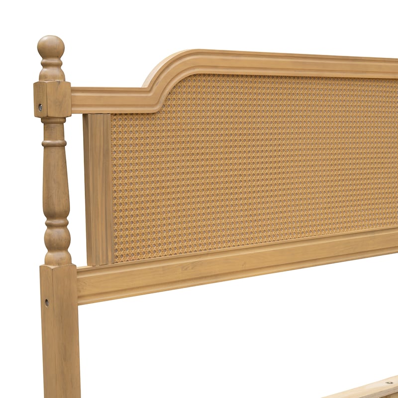 King Size Traditional Style Platform Bed with Rattan Headboard and Footboard for Bedroom