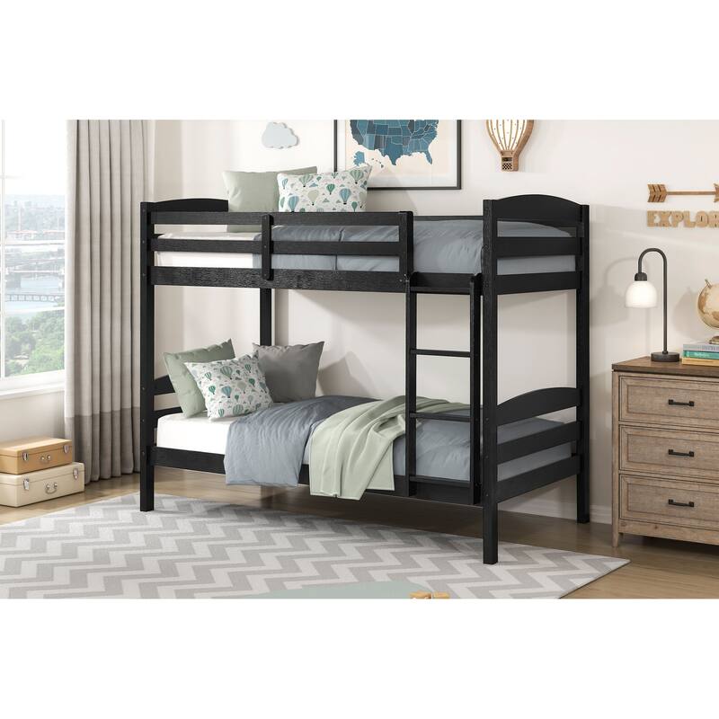Twin Over Twin Bunk Bed with Guard Rails, Sturdy Wooden Black Finish, Youth Bedroom Furniture