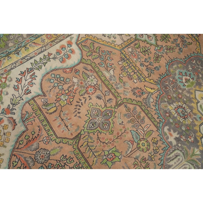 Hand Knotted Oriental 100% Wool Carpet Traditional Floral Peach Tabriz Area Rug - 12' 8'' X 9' 7''