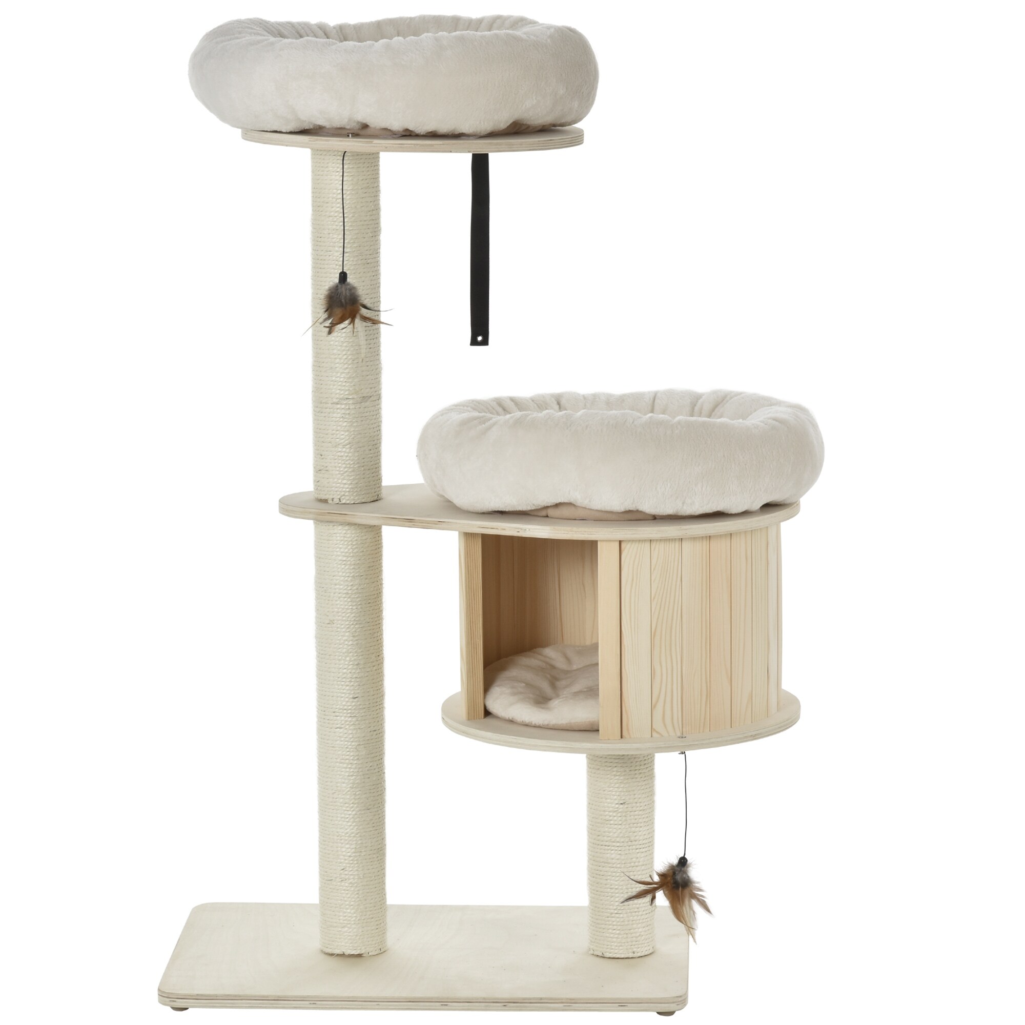 PawHut 3 Level Cat Tree with Sisal Scratching Posts Fun Cat Badminton Toy for Playing Soft Cushions Play Areas Natural