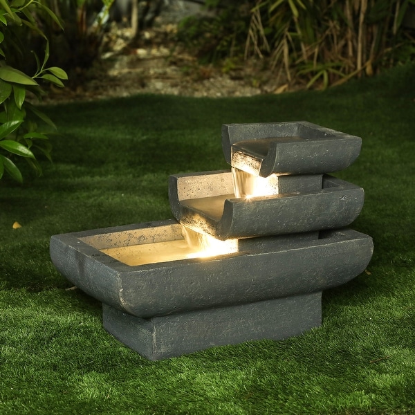 Grey Cement and Resin Modern 2-Tier Basin Outdoor Fountain with LED Lights - 16.9-Inch H