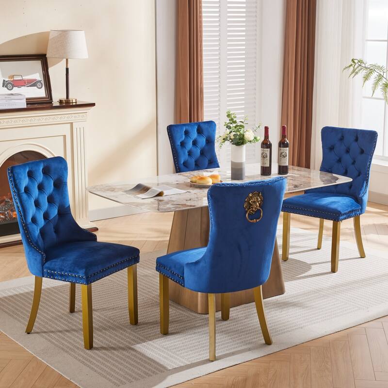 Velvet Dining Chairs Set of 2, Tufted Dining Chairs with Nailhead Trim, Kitchen Chairs with Lion Head Pulls Ring & Wooden Legs