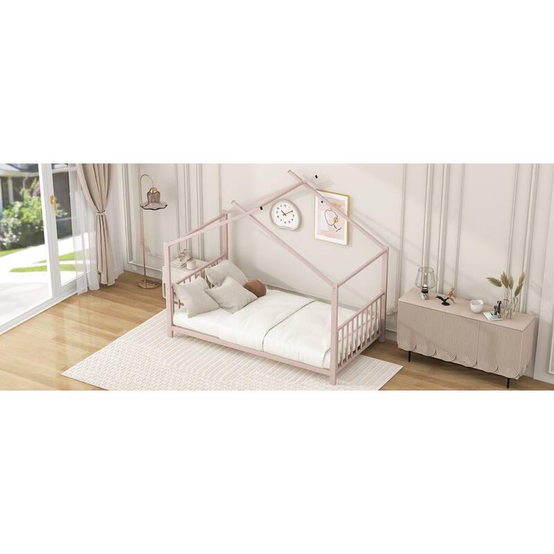 Roomfitters Twin Size House Bed, Modern Metal Floor Bed Frame with Roof, Sleek Scandi Style Sleep Space, Pink
