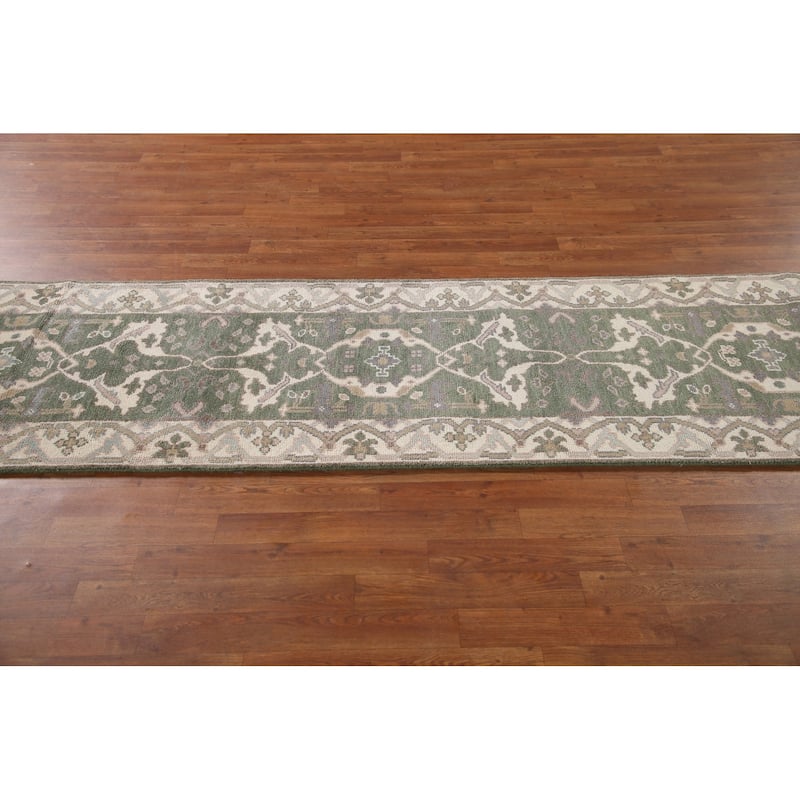 Green Oushak Style Runner Rug Hand-knotted Wool Carpet - 2'7"x 10'0"
