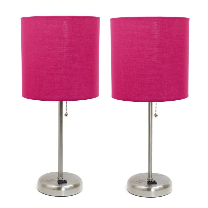 19.5 in. Brushed Steel Finish Table Lamp with Pink Shade, Durable Stick Lamp for End/Side Tables, Set of 2