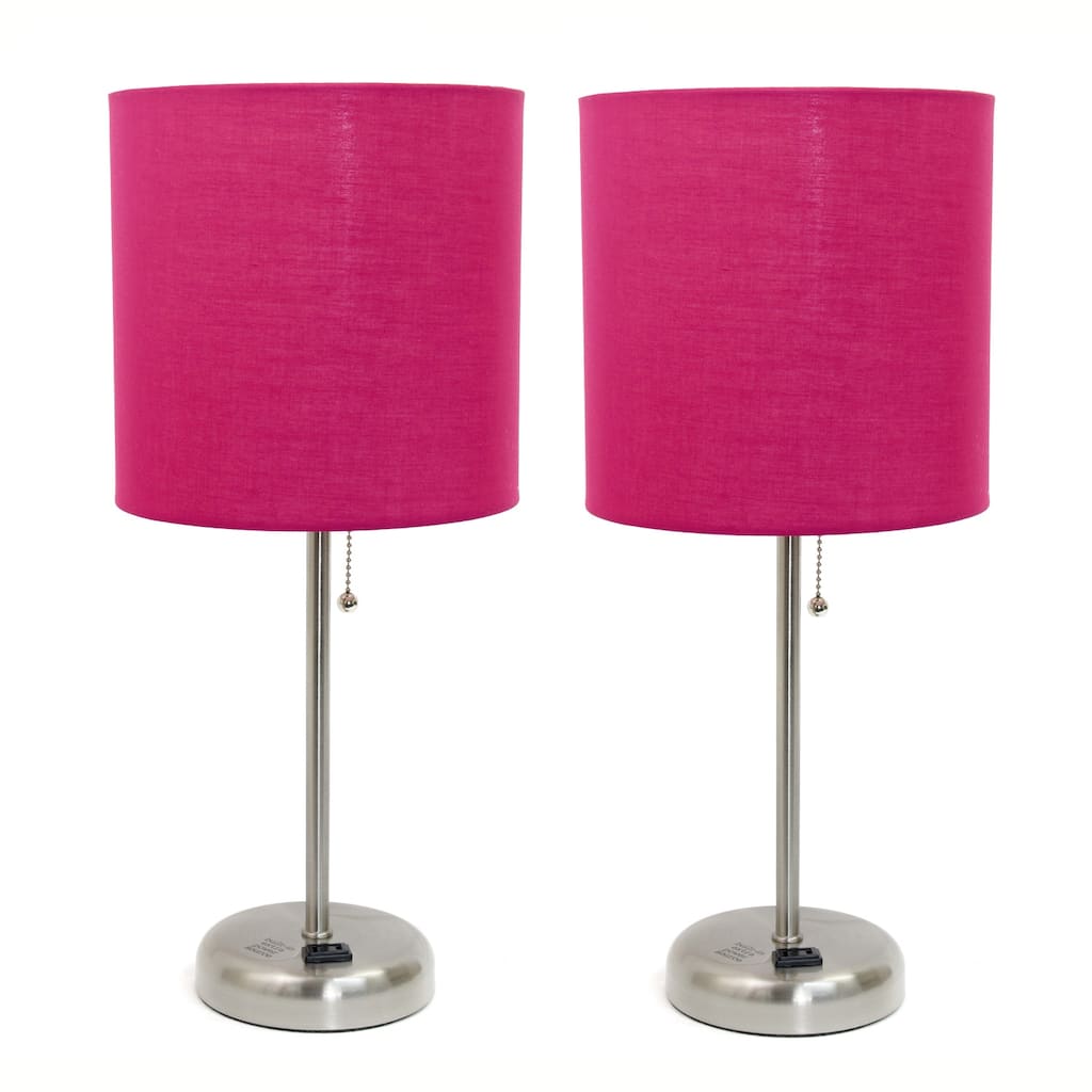 19.5 in. Brushed Steel Finish Table Lamp with Pink Shade, Durable Stick Lamp for End/Side Tables, Set of 2