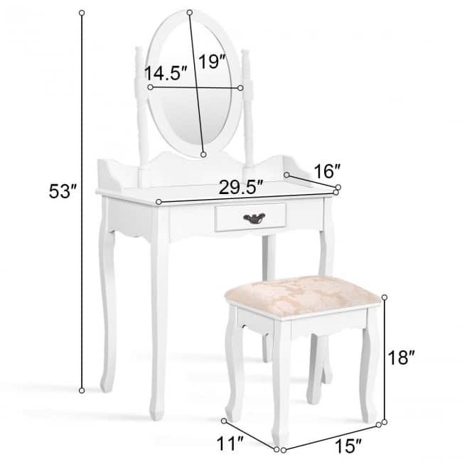 Wooden Vanity Makeup Set with Cushioned Stool and Oval Rotating Mirror - 29.5" x 16" x 53" (L x W x H)