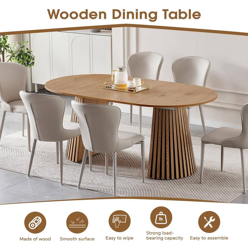 Wooden Dining Table, Flexible and Extendable, Multi-functional and Space-saving, Fashionable Oval Design and Slatted Table Legs