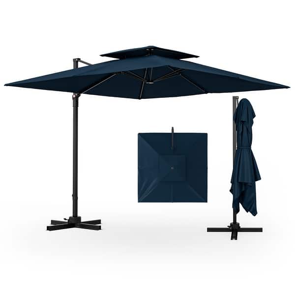 9 double vented patio umbrella 9'ft Push Button Tilt Sunbrella Wind Vents and smart functionality Slickblue Double-Sized Patio Umbrella with