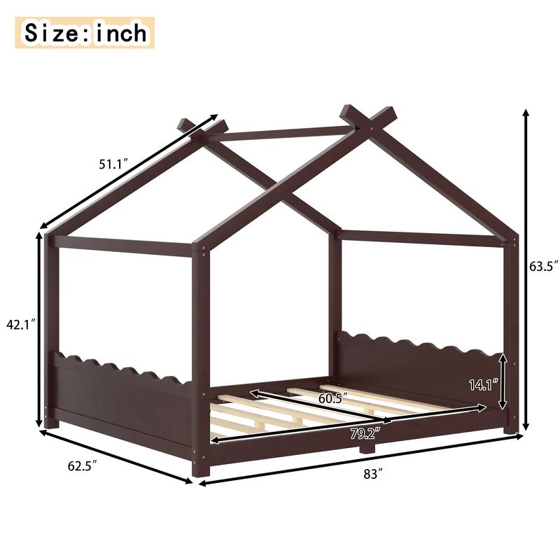 Queen House Floor Bed with Support Slats, Solid Wood House Bed Frame for Kids, No Box Spring Needed