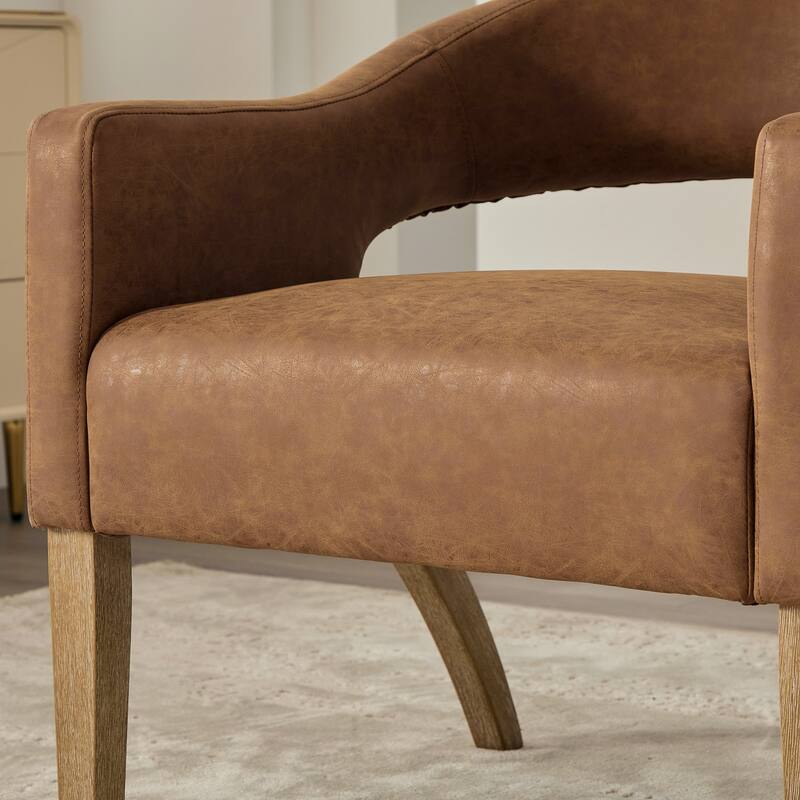 PU Leather Barrel Accent Chair, Ergonomic Lounge Reading Chair, Upholstered Armchair with Hollow Back & Solid Wood Legs