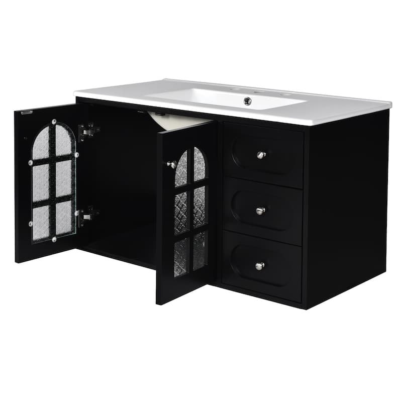 GDFStudio 36 Inch Floating Bathroom Vanity with Ceramic Sink, Wall Mounted Bathroom Cabinet with 3 Drawers