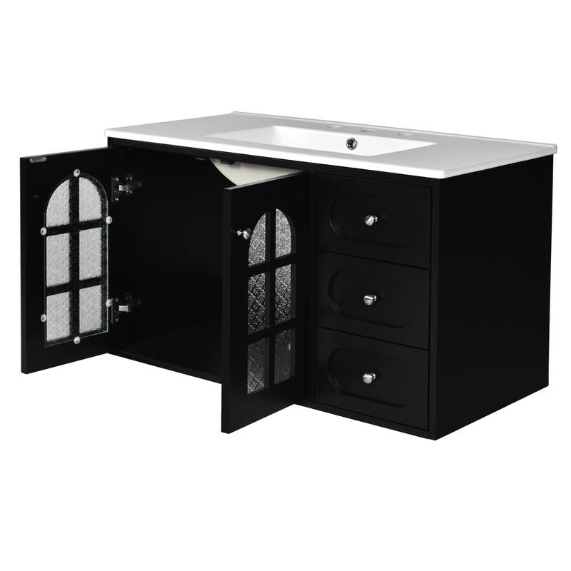 Modern 36" Wall-Mounted Bathroom Vanity with Ceramic Sink, 3 Drawers, Black Floating Cabinet, Soft-Close Doors