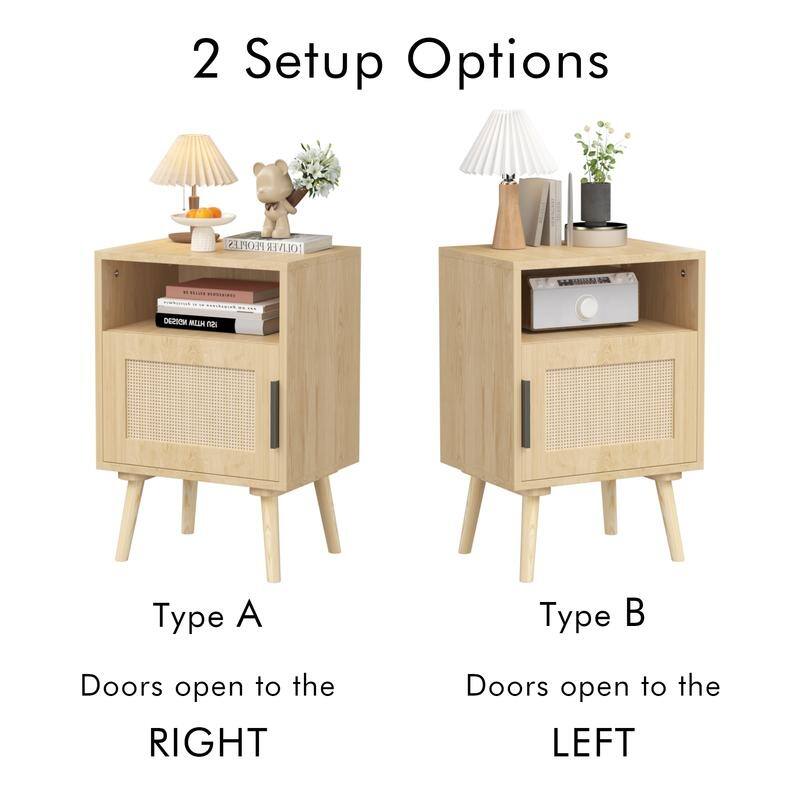 22.83" Solid Wood & Rattan Nightstand with Door, Shelf - Oak Finish Bedside End Table for Small Spaces