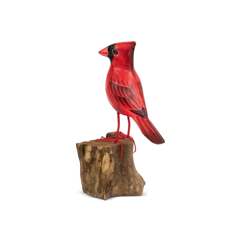 Wood Cardinal Bird Figurine - Hand Carved Red Songbird Sculpture, Rustic Wildlife Decor - 7.5" tall x 3.5" wide x 3" deep