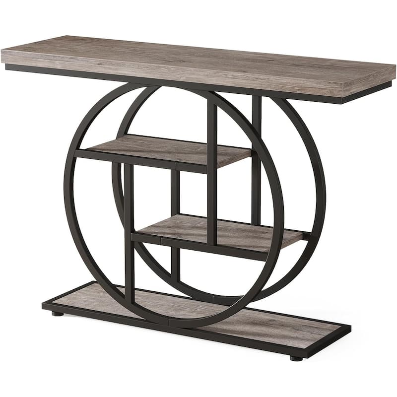41.3"Industrial Console Table, 4-Tier Sofa Table with Unique Circle Metal Frame & Storage Shelves, Narrow Entryway Accent Table