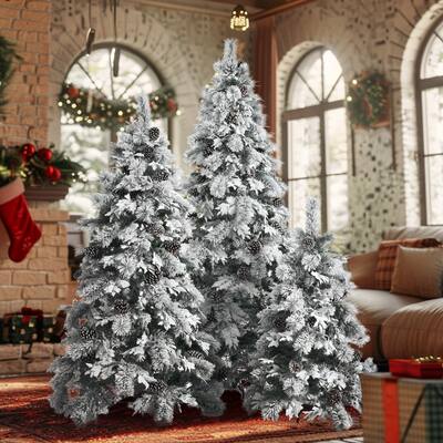 Pre-Lit Snow Flocked Christmas Tree Set, 3 Trees with Pine Cones and LED Lights