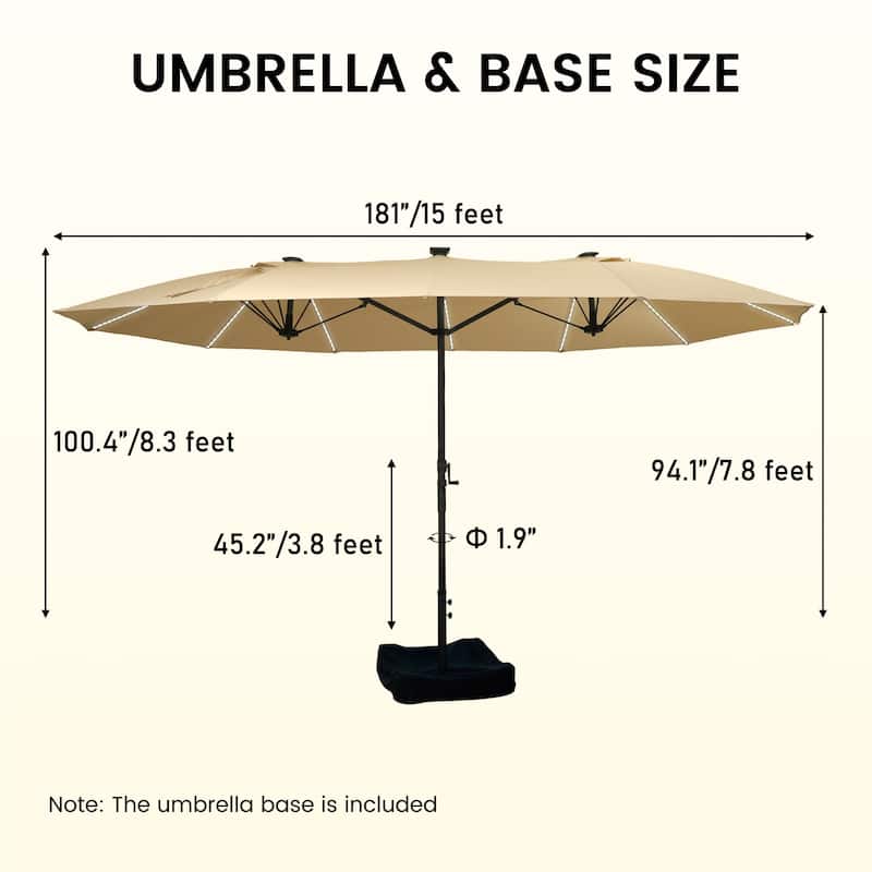 15ft Double-Sided Patio Umbrella with Lights Large Outdoor Umbrella