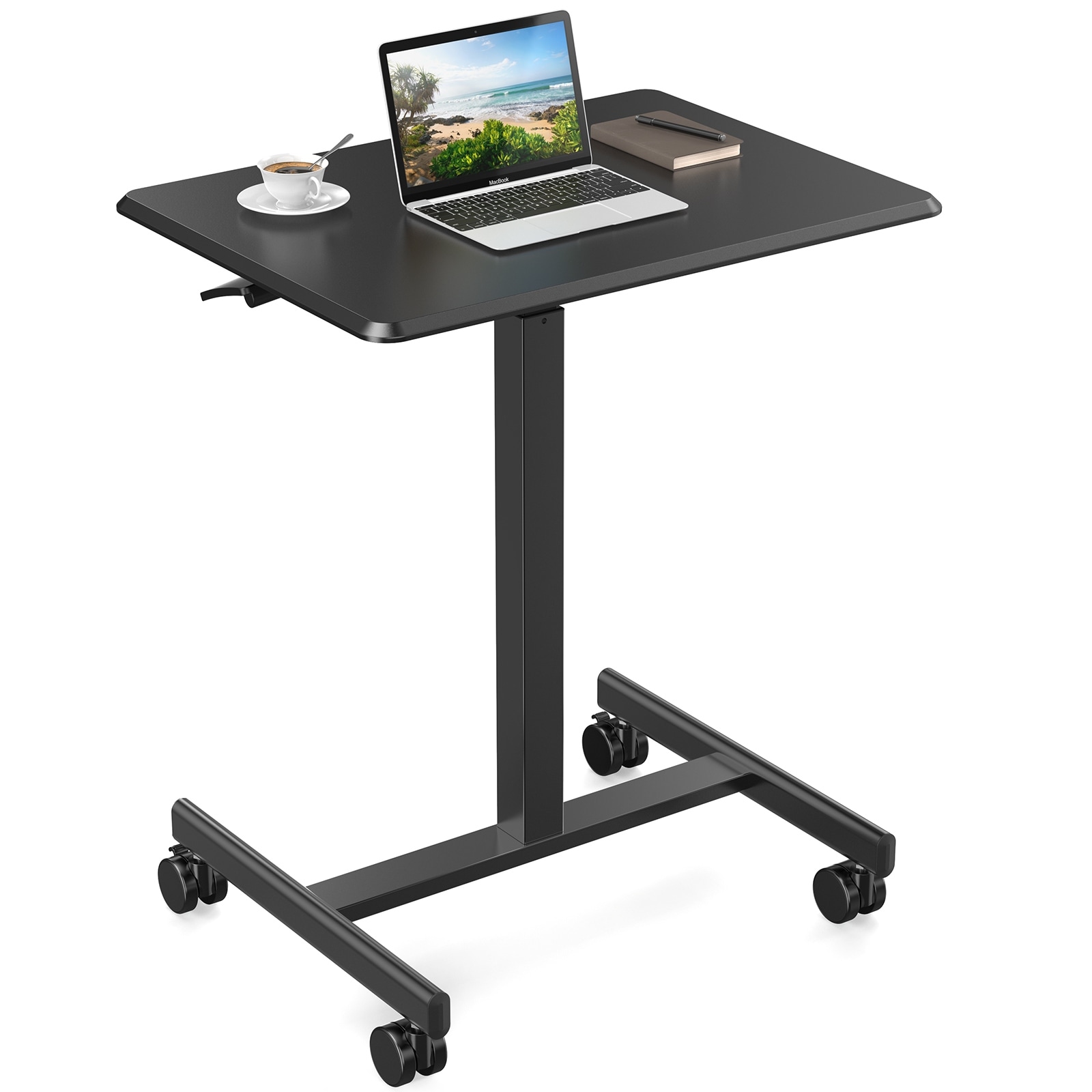 Small Rolling Laptop Desk with Gas Spring Height Adjustment, Collapsible Base, and 360° Wheels for Flexible Workspaces