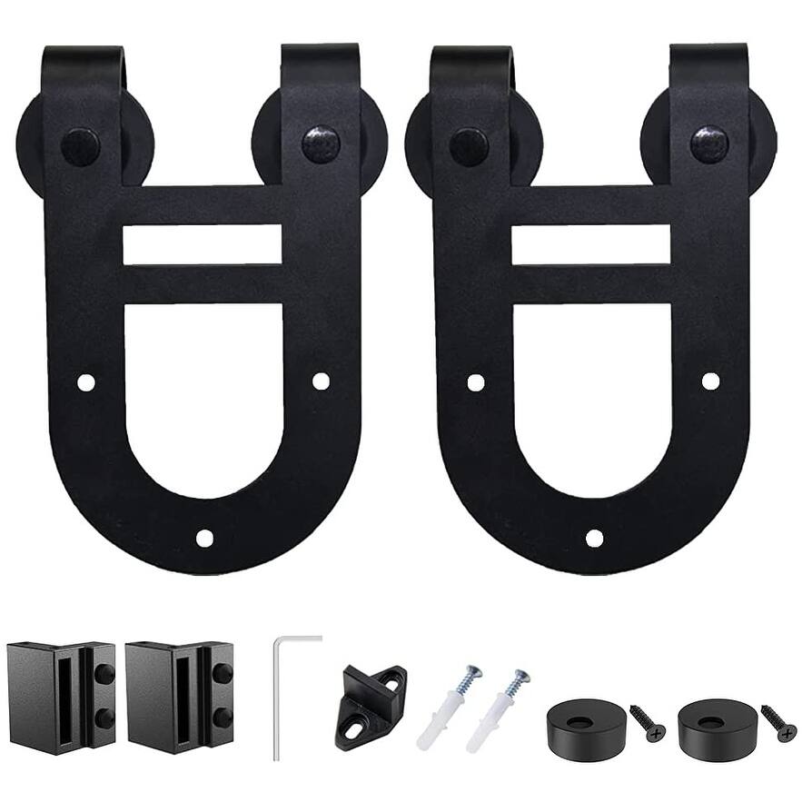 WINSOON Black Sliding Barn Door Hardware Roller Kit Antique Horseshoe Double Hanger Rollers