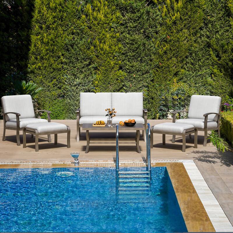 6-Piece Aluminum Patio Conversation Set with Coffee Table, Loveseat, Ottoman and Light Gray Cushions