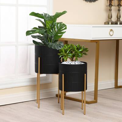 Black Metal CachePot Planters with Metal Stands (Set of 2)