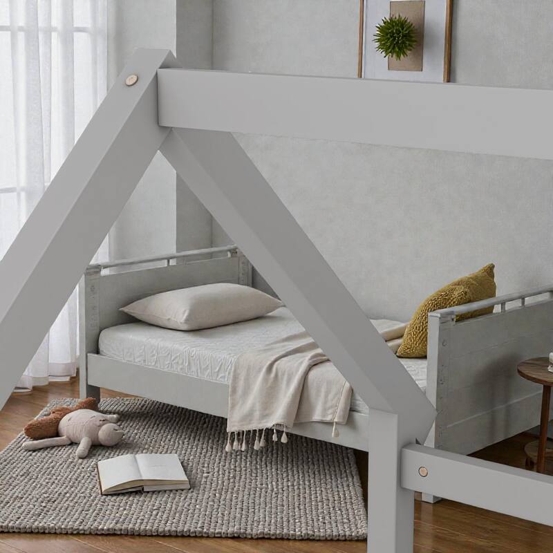 Twin/Full Wooden House Frame Floor Bed with Fence Guardrails, Montessori Style Kids Bed, Pine Wood Low Profile Design