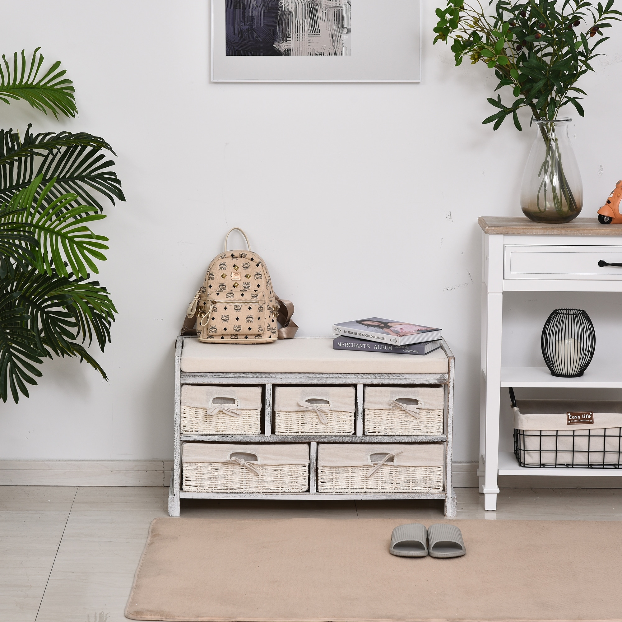 HomCom Wood Shoe Storage Bench with Comfortable Sponge Linen