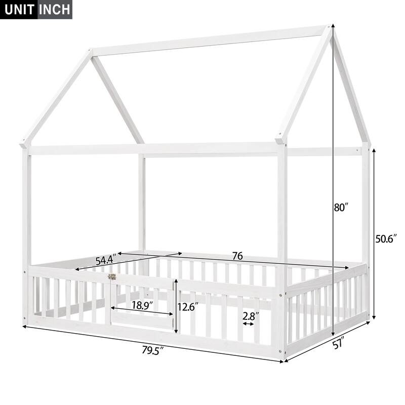 Pine Wood House Bed with Fence, Door, and Solid Construction