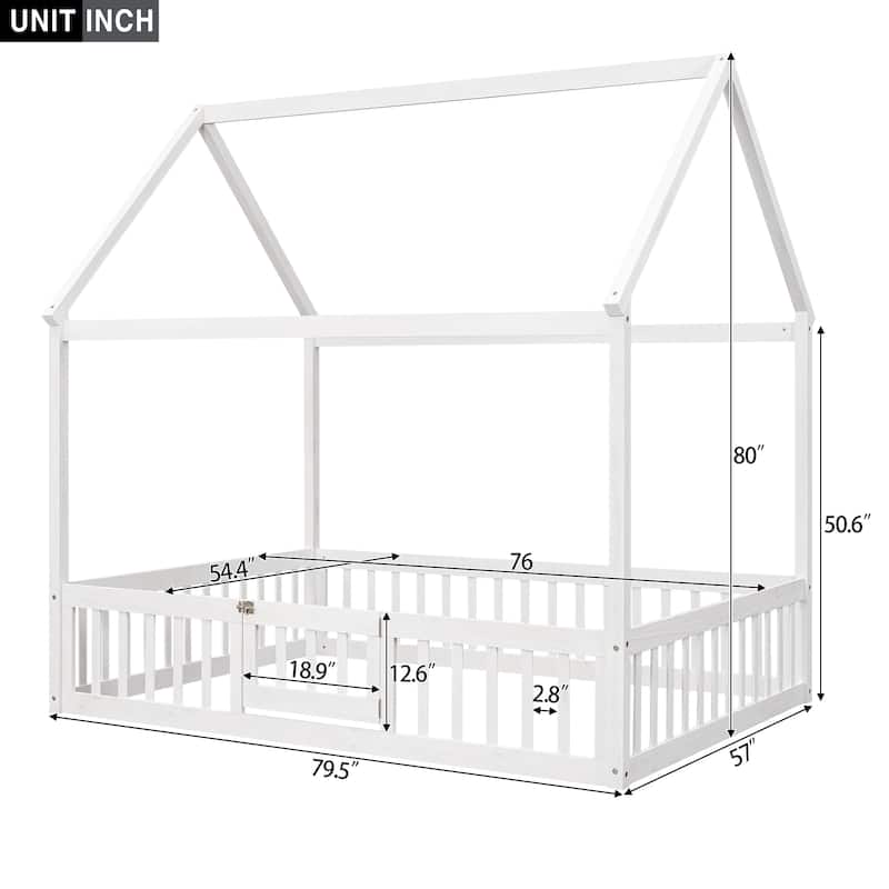 White Full Pine House Bed with Fence, Door, Solid Construction