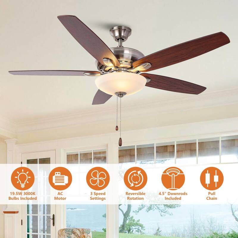 52-inch Traditional Nickel Frosted Glass Ceiling Fan with Light and Pull Chain - Polished Nickel