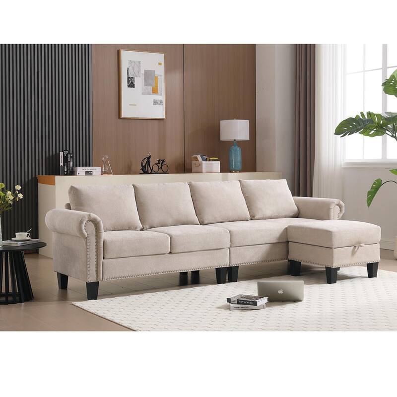 Convertible Sectional Sofa with Storage Ottoman, L-Shaped Couch, Beige, Modern Design
