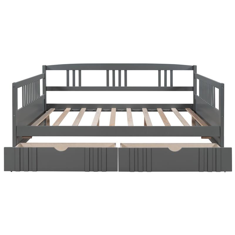 Full Daybed with Two Drawers, Solid Wood Frame, Guardrails, No Box Spring Needed
