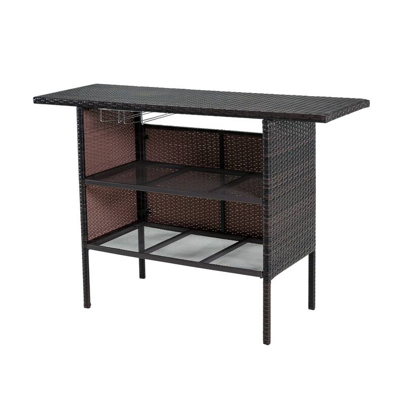 Outdoor Wicker Bar Patio Rattan Counter Table with 2 Steel Shelves