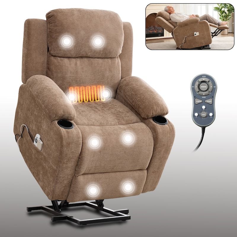 Chenille Power Lift Recliner Chair, Heavy Duty Recliner Chair with Heat & Massage, Lounge Chair with USB Ports & Cup Holders