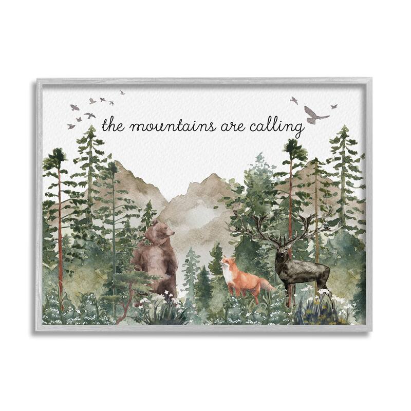 Stupell Mountains Are Calling Wilderness Animals Woodlands Trees Framed Wall Art - Green - 30 x 24 - Grey