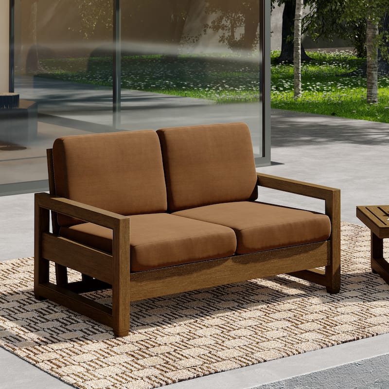 Patio Teak Wood Outdoor Loveseat with Cushion - Light Brown/ Natural Wood