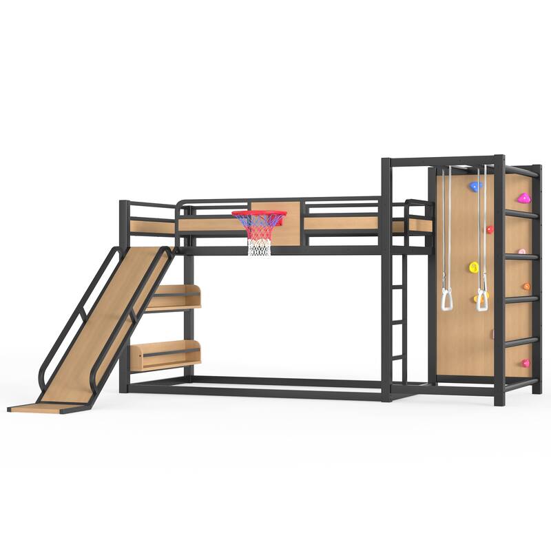 Full/Twin Metal Loft Bed with Basketball Hoop, Climbing Wall & Slide