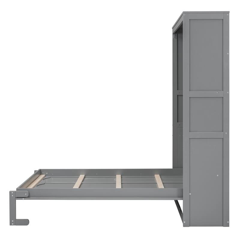 Space-Saving Gray Full Size Murphy Bed with Shelves and Mattress Holder