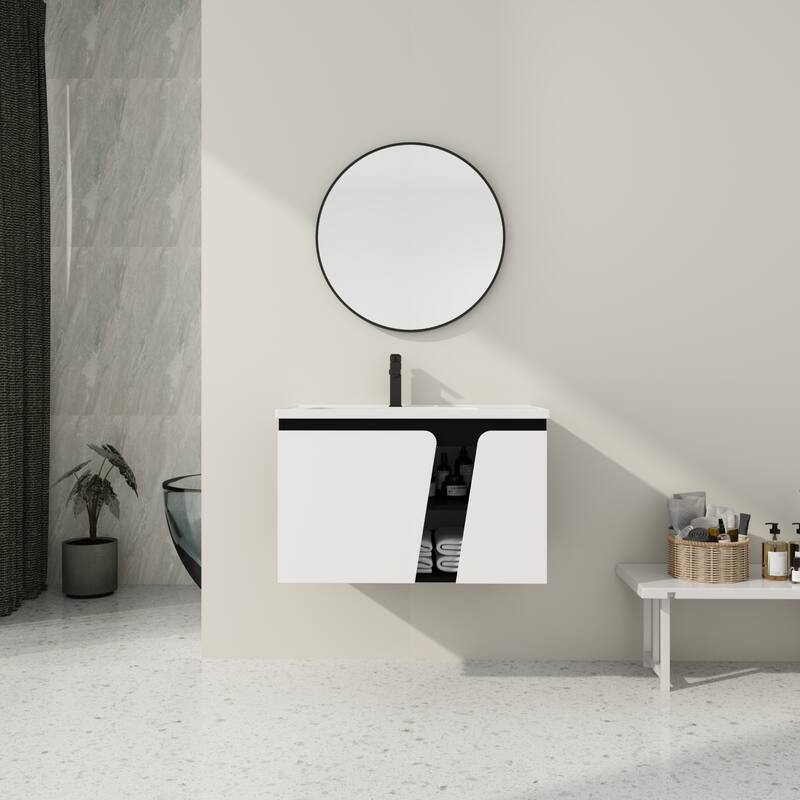 GDFStudio - Lennox Floating Bathroom Vanity with Ceramic Sink, Soft-Close Door - 32'' - White+Black