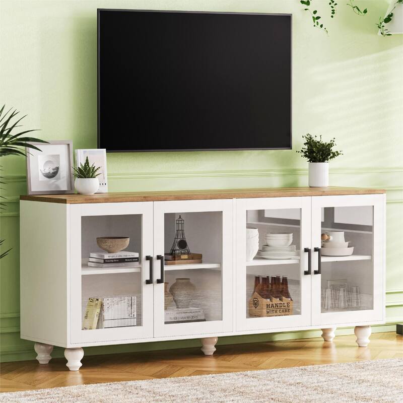 Stylish Farmhouse Buffet Cabinet with Tempered Glass Doors, Accommodates TVs Up to 70", Perfect for Any Room - White