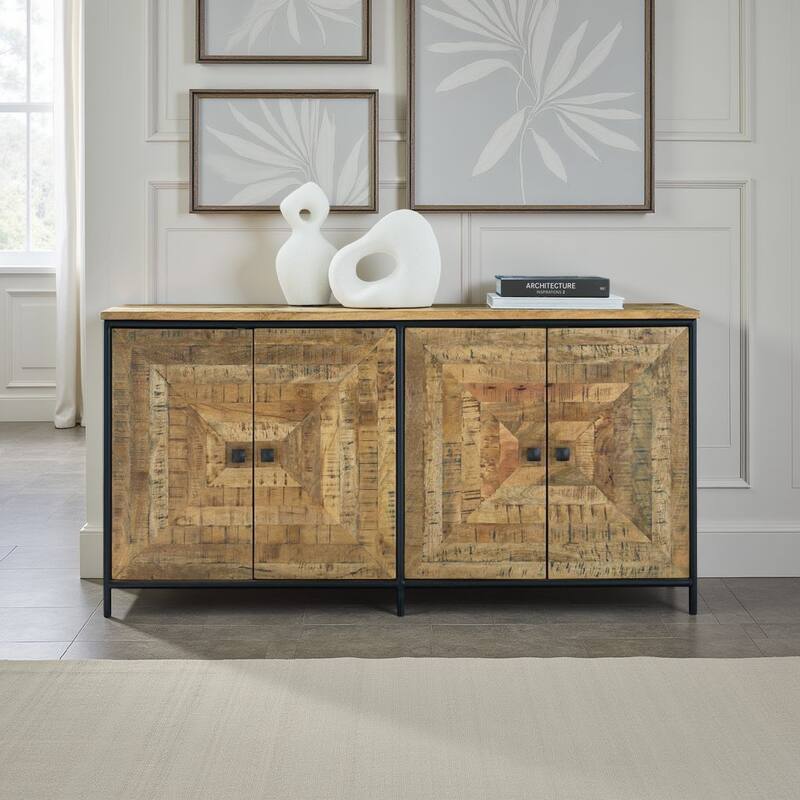 Sideboard Cabinet Console, Square Patterned Brown Mango Wood 63 Inch