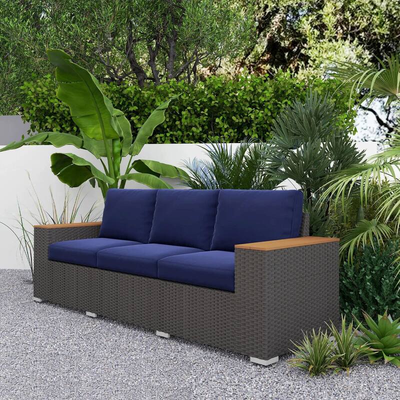 3 Seat Deep Cushion PE Rattan Patio Sofa, Wide Armrests