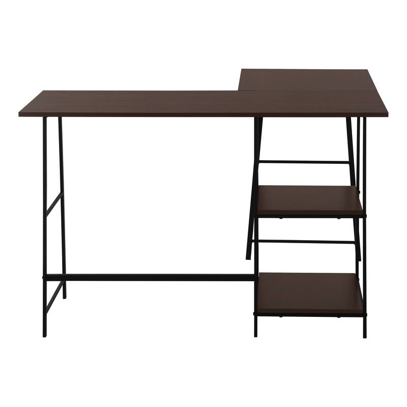 Industrial Corner Computer Desk with Storage Shelves and Metal Sawhorse Legs