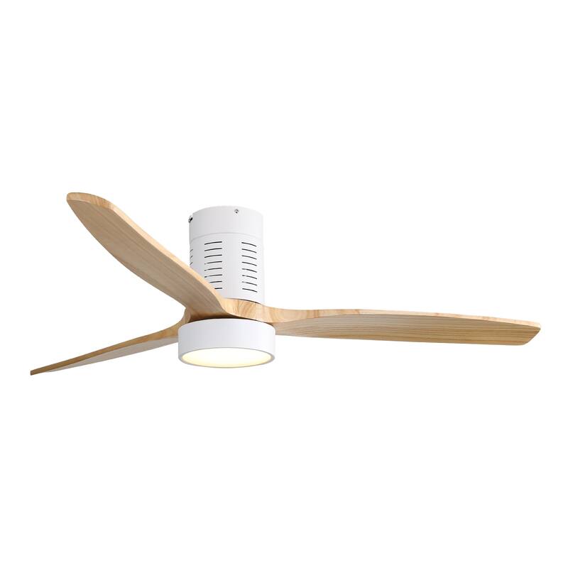 52 Inch Flush Mount Wood Blades White Ceiling Fan Reverse Airflow,6 Wind Speed,Remote Control