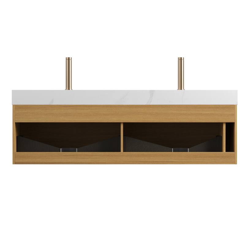 Floating Bathroom Vanity with Sinks - Carrara White,Light Oak