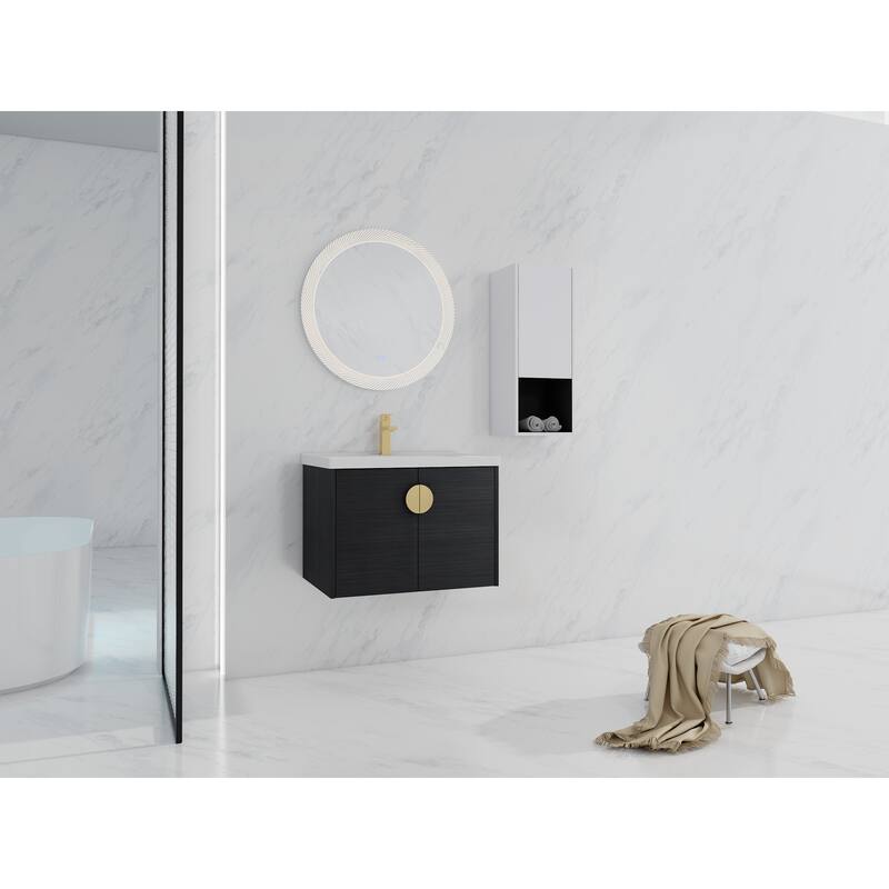 28" Floating Bathroom Vanity with Ceramic Sink, Soft-Close Doors, Wall-Mounted Side Cabinet, Black Chestnut