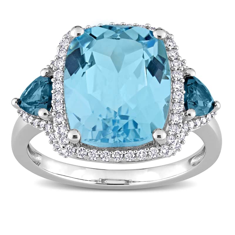 Miadora London & Sky Blue Topaz and 1/3ct TDW Diamond 3-Stone Halo Cocktail Ring in 14k White Gold