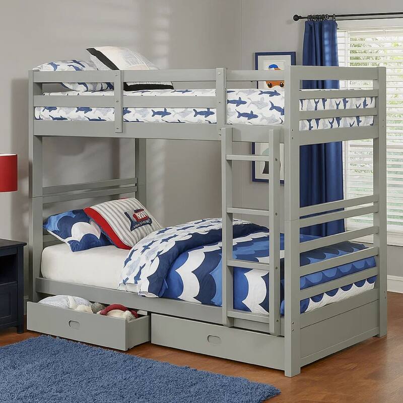 Transitional Twin Over Twin Bed with Attached Ladder and Drawers, Gray