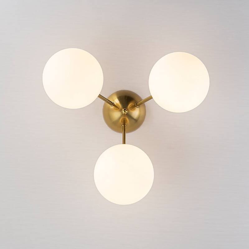 3-Light Brushed Brass Glass Globe Sputnik Semi Flush Mount